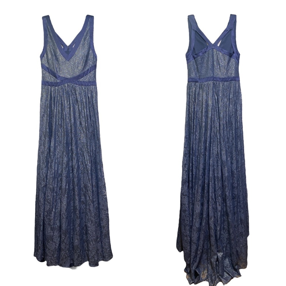 Badgley Mischka Collection Navy Silk Blend Lace Gown‎